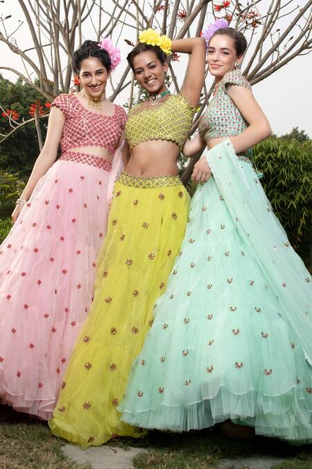 Buy_Keerthi Kadire_Blue Raw Silk, Organza, Net Sweetheart Neck Embroidered Bridal Lehenga Set _Online_at_Aza_Fashions