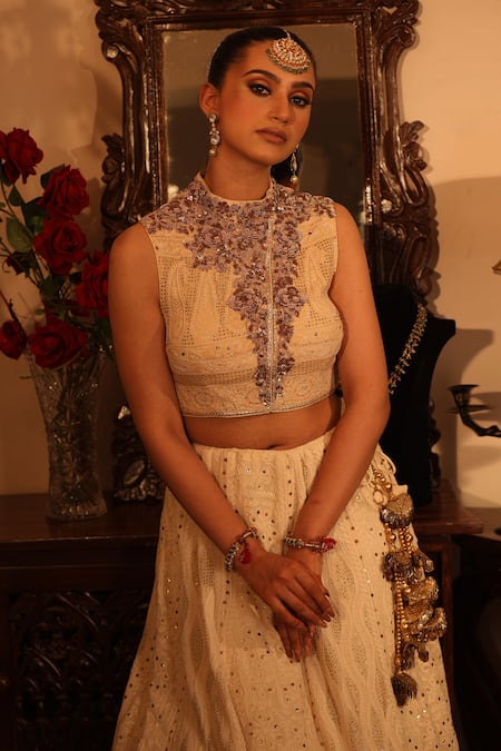 Ruh Clothing_White Georgette Round Chikankari Embroidered Blouse And Lehenga Set _Online_at_Aza_Fashions