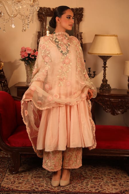 Ruh Clothing_Peach Cotton Silk, Sheer Organza Round Panelled Anarkali Set _Online_at_Aza_Fashions