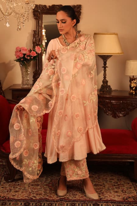 Shop_Ruh Clothing_Peach Cotton Silk, Sheer Organza Round Panelled Anarkali Set _Online_at_Aza_Fashions