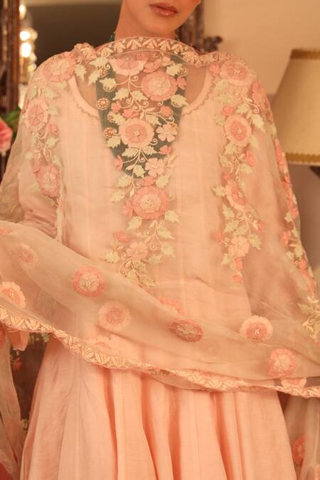 Ruh Clothing Peach Cotton Silk, Sheer Organza Round Panelled Anarkali Set at Aza Fashions Ruh Clothing_Peach Cotton Silk, Sheer Organza Round Panelled Anarkali Set _at_Aza_Fashions