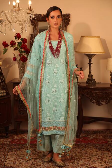 Ruh Clothing_Blue Georgette, Sheer Net Round Chikankari Embroidered Kurta Set _Online_at_Aza_Fashions