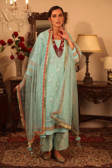 Buy_Ruh Clothing_Blue Georgette, Sheer Net Round Chikankari Embroidered Kurta Set _Online_at_Aza_Fashions