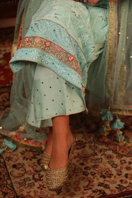 Shop_Ruh Clothing_Blue Georgette, Sheer Net Round Chikankari Embroidered Kurta Set _Online_at_Aza_Fashions