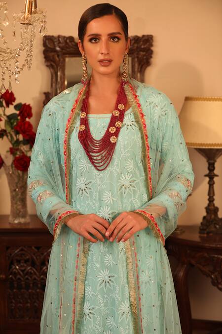 Ruh Clothing_Blue Georgette, Sheer Net Round Chikankari Embroidered Kurta Set _at_Aza_Fashions