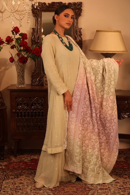 Ruh Clothing_Green Georgette Boat Chikankari Embroidered Kurta Set _Online_at_Aza_Fashions