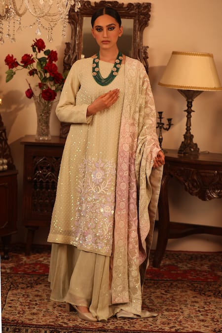 Buy_Ruh Clothing_Green Georgette Boat Chikankari Embroidered Kurta Set _Online_at_Aza_Fashions