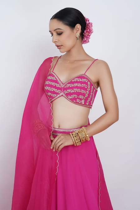 Shop_Rashi Jain_Pink Viscose Georgette, Silk Organza Sequin, Rani Embroidered Blouse Lehenga Set _Online_at_Aza_Fashions