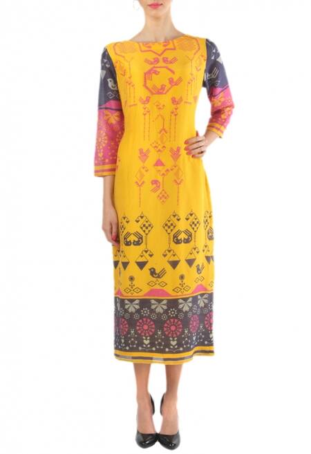 Soup by Sougat Paul Yellow Pink And Grey Geometric Bird Printed Dress For Women
