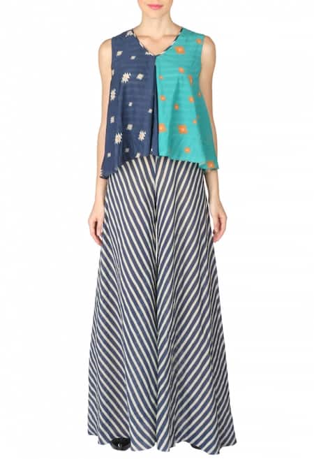 Soup by Sougat Paul Blue Navy And Sea Green Aztec Striped Jumpsuit  