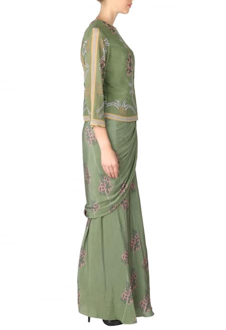Soup By Sougat Paul_Green Crepe Floral Round Neck Printed Saree With Bomber Jacket _Online_at_Aza_Fashions