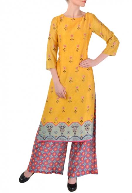 Soup By Sougat Paul_Yellow Floral Tunic With Pink And Blue Palazzos _Online_at_Aza_Fashions