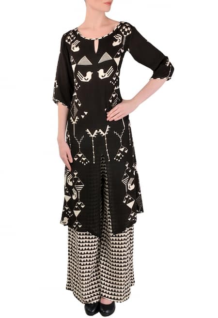 Soup by Sougat Paul Black And White Bird Printed Tunic With Palazzos  
