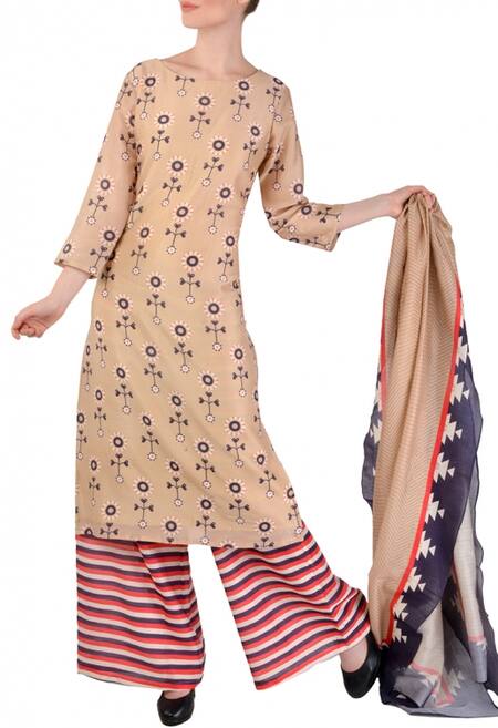 Soup By Sougat Paul_Beige Chanderi Round Kurta And Pant Set _Online_at_Aza_Fashions