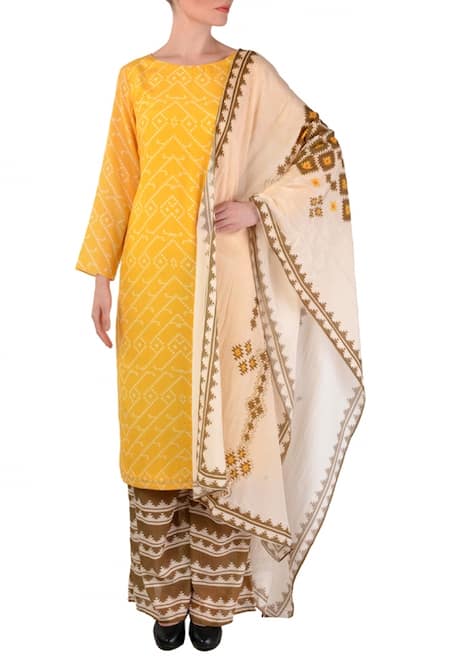 Soup by Sougat Paul Yellow brown & off white aztec printed kurta set 