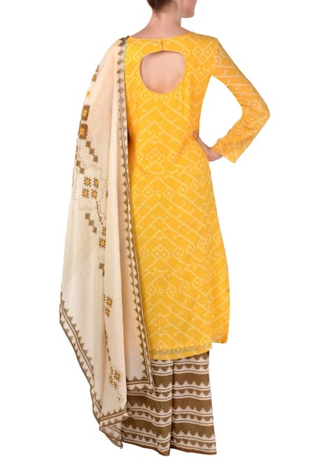 Shop_Soup By Sougat Paul_Yellow Brown And Off White Aztec Printed Kurta Set _at_Aza_Fashions