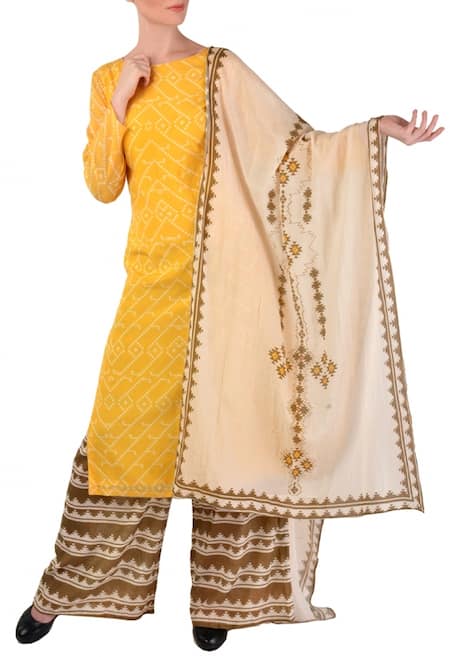 Soup By Sougat Paul_Yellow Brown And Off White Aztec Printed Kurta Set _Online_at_Aza_Fashions