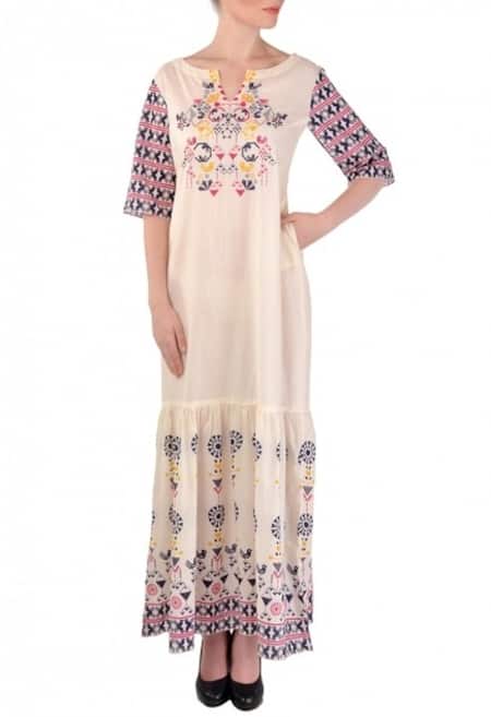 Soup By Sougat Paul Off White Chanderi Bird, Geometric Motifs Notched Printed Maxi Dress 