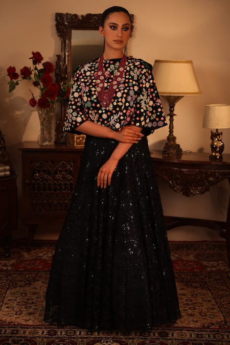 Ruh Clothing_Black Georgette, Sheer Round Embroidered Anarkali And Cape Set _Online_at_Aza_Fashions