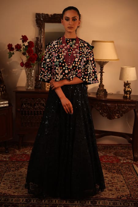 Buy_Ruh Clothing_Black Georgette, Sheer Round Embroidered Anarkali And Cape Set _Online_at_Aza_Fashions
