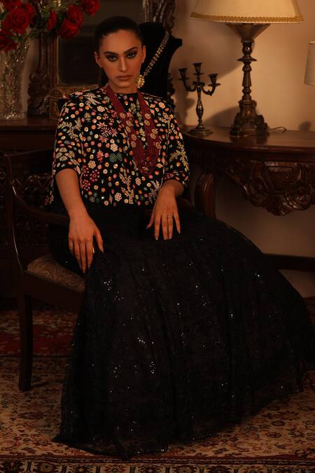 Shop_Ruh Clothing_Black Georgette, Sheer Round Embroidered Anarkali And Cape Set _Online_at_Aza_Fashions