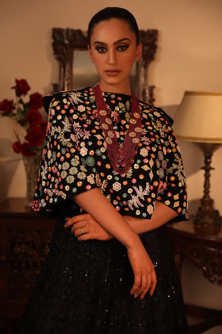 Ruh Clothing_Black Georgette, Sheer Round Embroidered Anarkali And Cape Set _at_Aza_Fashions