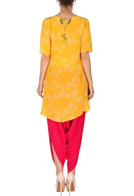 Shop_Soup By Sougat Paul_Yellow And Fuschia Geometric Bird Printed Tunic With Patiala _at_Aza_Fashions