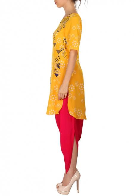 Soup By Sougat Paul_Yellow And Fuschia Geometric Bird Printed Tunic With Patiala _Online_at_Aza_Fashions