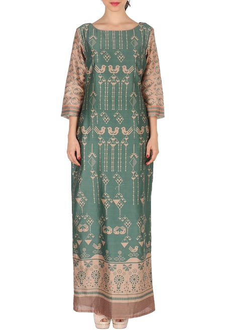 Soup by Sougat Paul Moss green & beige bird printed maxi dress 