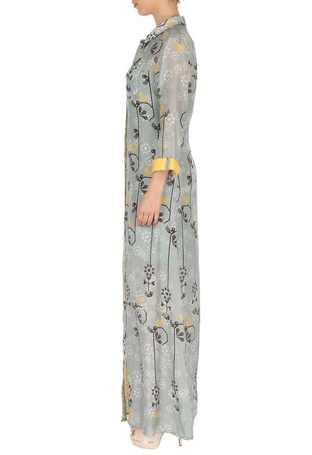 Soup By Sougat Paul_Grey Cotton Silk Spread Collar Printed Shirt Dress _Online_at_Aza_Fashions