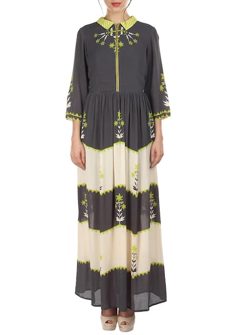 Soup by Sougat Paul Grey Charcoal White And Lime Green Printed Maxi Dress For Women