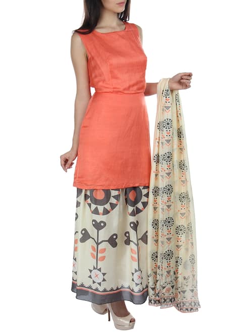 Buy_Soup By Sougat Paul_White Peach And Motif Printed Dress With Dupatta _Online_at_Aza_Fashions