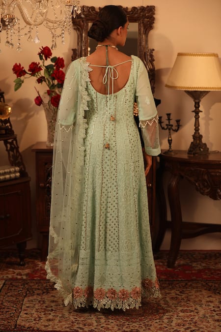 Shop_Ruh Clothing_Green Georgette, Sheer Net Leaf Chikankari Embroidered Anarkali With Dupatta _at_Aza_Fashions