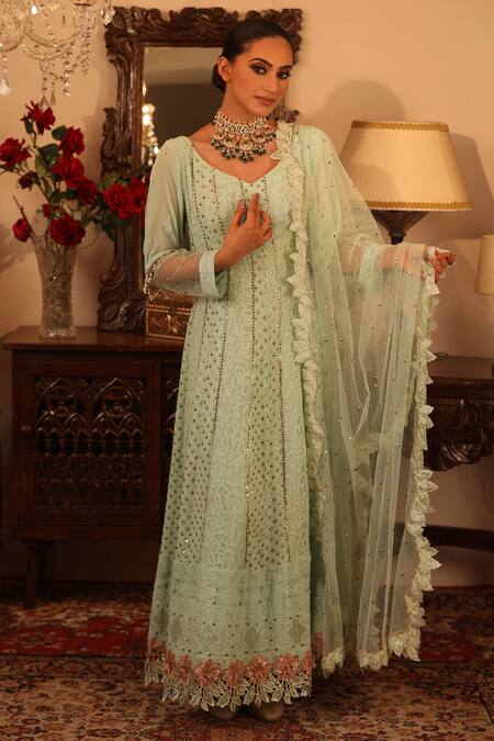 Ruh Clothing_Green Georgette, Sheer Net Leaf Chikankari Embroidered Anarkali With Dupatta _Online_at_Aza_Fashions