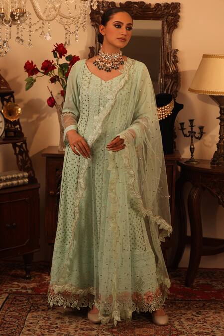 Buy_Ruh Clothing_Green Georgette, Sheer Net Leaf Chikankari Embroidered Anarkali With Dupatta _Online_at_Aza_Fashions