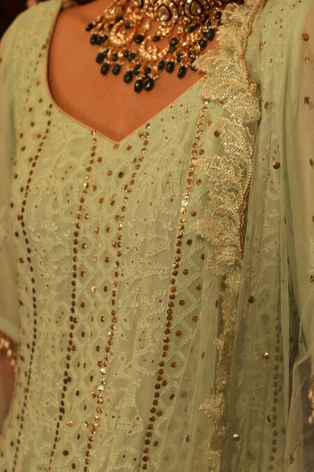 Shop_Ruh Clothing_Green Georgette, Sheer Net Leaf Chikankari Embroidered Anarkali With Dupatta _Online_at_Aza_Fashions