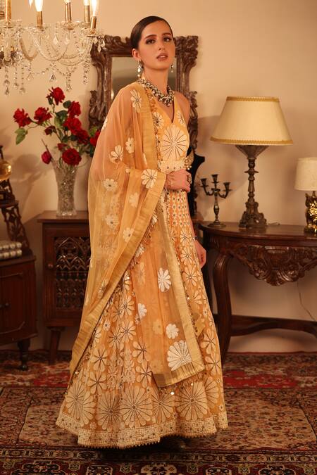 Ruh Clothing_Orange Sheer Net Halter Embroidered Anarkali Set _Online_at_Aza_Fashions