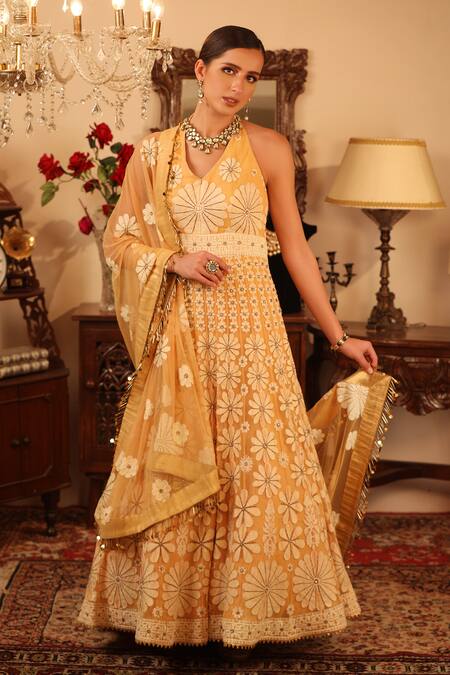Buy_Ruh Clothing_Orange Sheer Net Halter Embroidered Anarkali Set _Online_at_Aza_Fashions