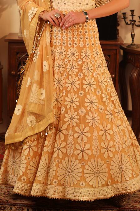 Shop_Ruh Clothing_Orange Sheer Net Halter Embroidered Anarkali Set _Online_at_Aza_Fashions