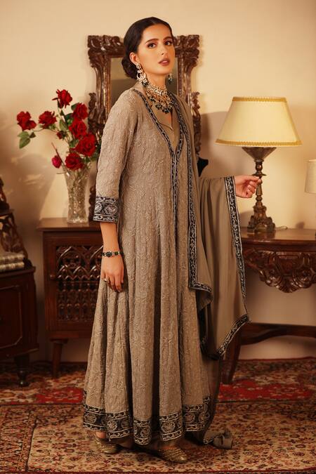Ruh Clothing_Grey Chiffon, Georgette V Neck Embroidered Anarkali Set _Online_at_Aza_Fashions