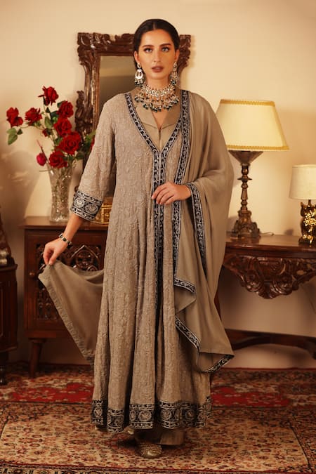 Buy_Ruh Clothing_Grey Chiffon, Georgette V Neck Embroidered Anarkali Set _Online_at_Aza_Fashions