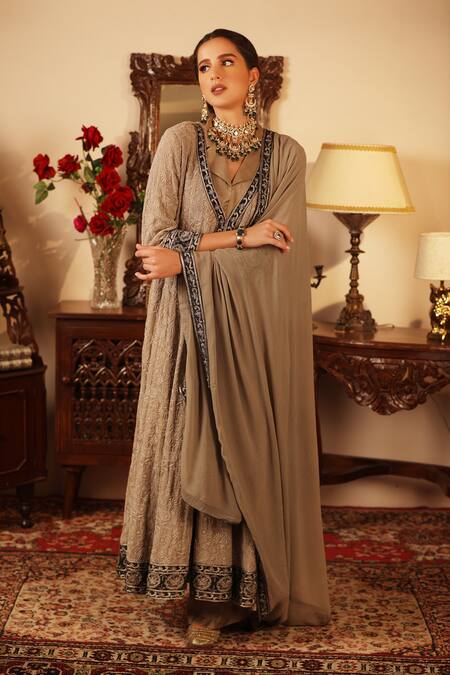 Shop_Ruh Clothing_Grey Chiffon, Georgette V Neck Embroidered Anarkali Set _Online_at_Aza_Fashions
