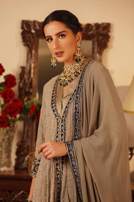Ruh Clothing_Grey Chiffon, Georgette V Neck Embroidered Anarkali Set _at_Aza_Fashions