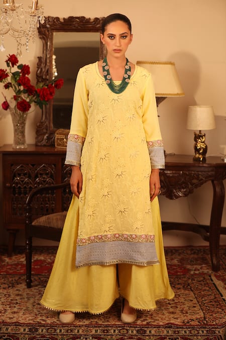 Ruh Clothing_Yellow Georgette, Sheer Net Round Chikankari Embroidered Kurta Set _Online_at_Aza_Fashions