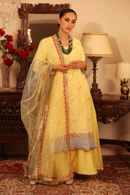 Buy_Ruh Clothing_Yellow Georgette, Sheer Net Round Chikankari Embroidered Kurta Set _Online_at_Aza_Fashions
