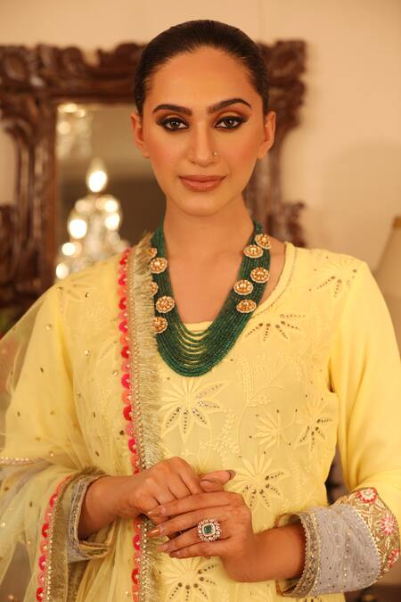 Ruh Clothing_Yellow Georgette, Sheer Net Round Chikankari Embroidered Kurta Set _at_Aza_Fashions