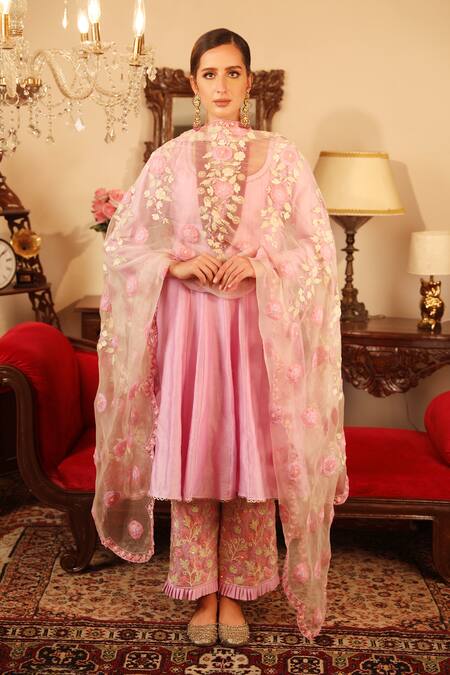 Ruh Clothing_Purple Cotton Silk, Sheer Organza Round Chikankari Embroidered Anarkali Set _Online_at_Aza_Fashions