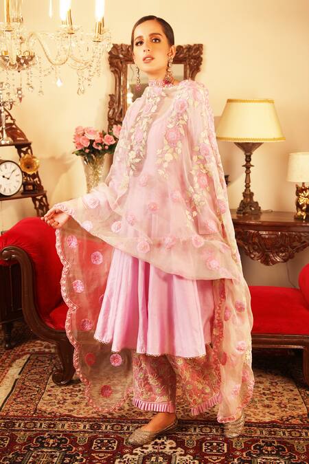 Buy_Ruh Clothing_Purple Cotton Silk, Sheer Organza Round Chikankari Embroidered Anarkali Set _Online_at_Aza_Fashions