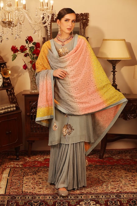 Ruh Clothing_Grey Georgette Round Chikankari Embroidered Kurta Set _Online_at_Aza_Fashions
