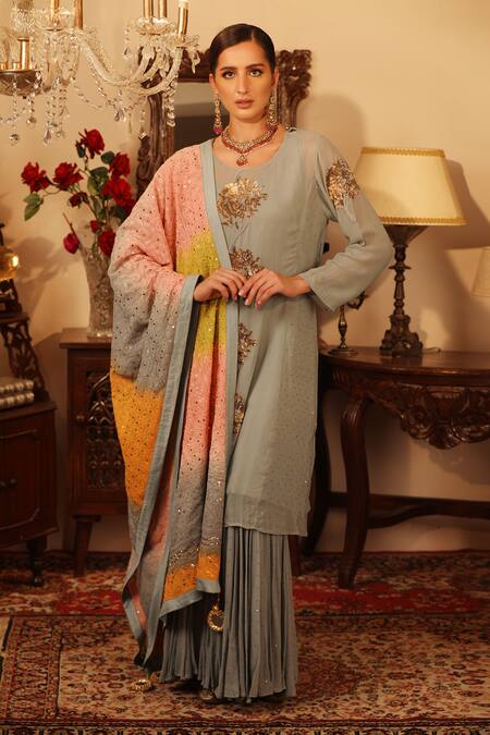 Buy_Ruh Clothing_Grey Georgette Round Chikankari Embroidered Kurta Set _Online_at_Aza_Fashions